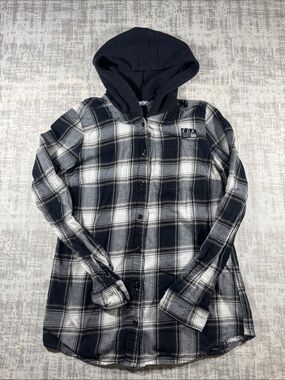 Fox Mens Black & White Plaid Hooded Flannel Jacket size XS 25X17.5PTP unisex